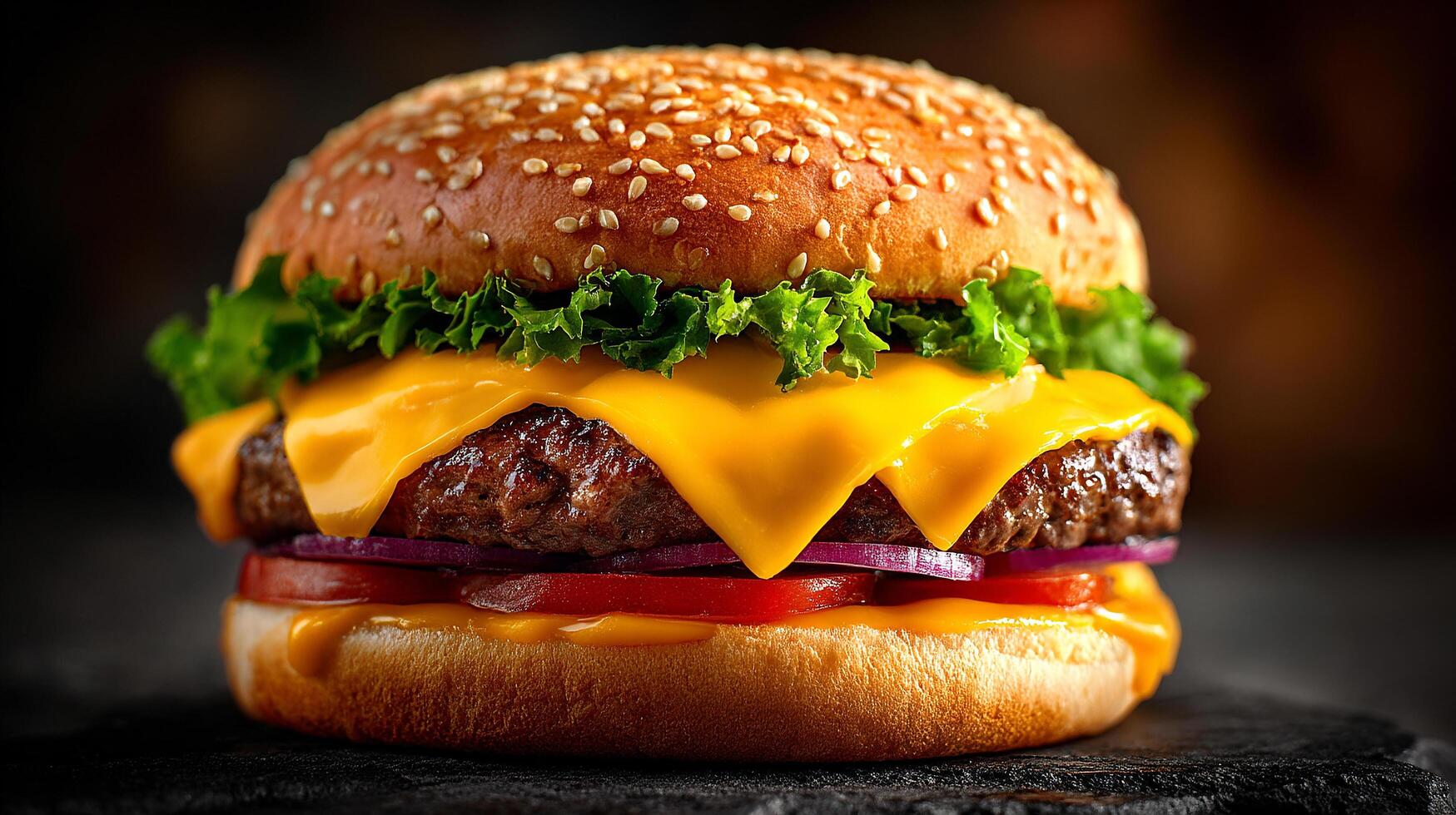 Sharp photo of cheeseburger showing realistic food textures
