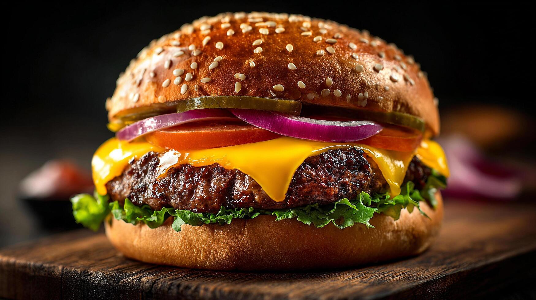 Detailed cheeseburger photo with melted cheese and sauces