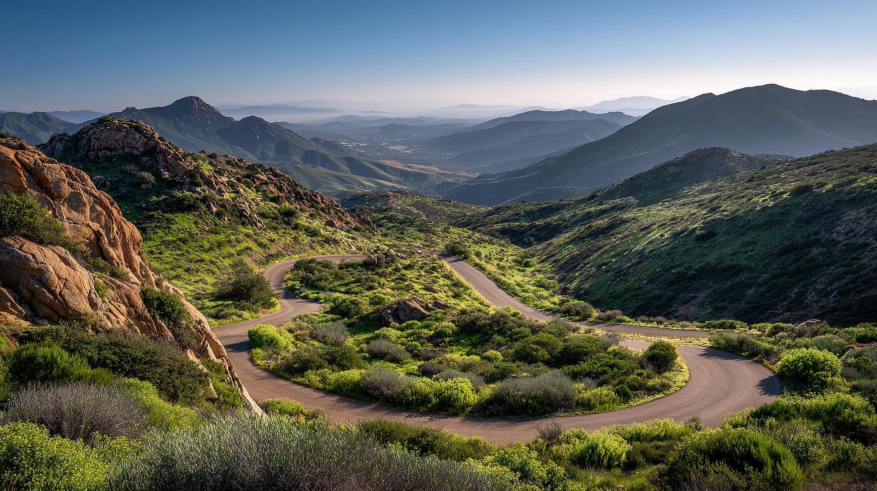 Long winding road through realistic countryside terrain photo
