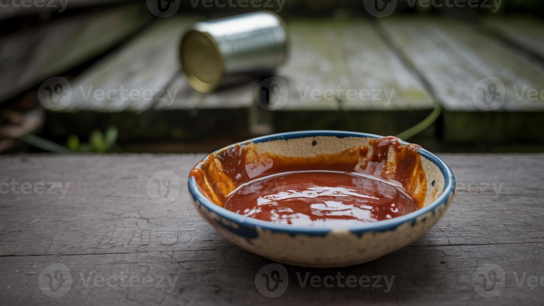 A bowl of barbecue sauce sits on a wooden table photo
