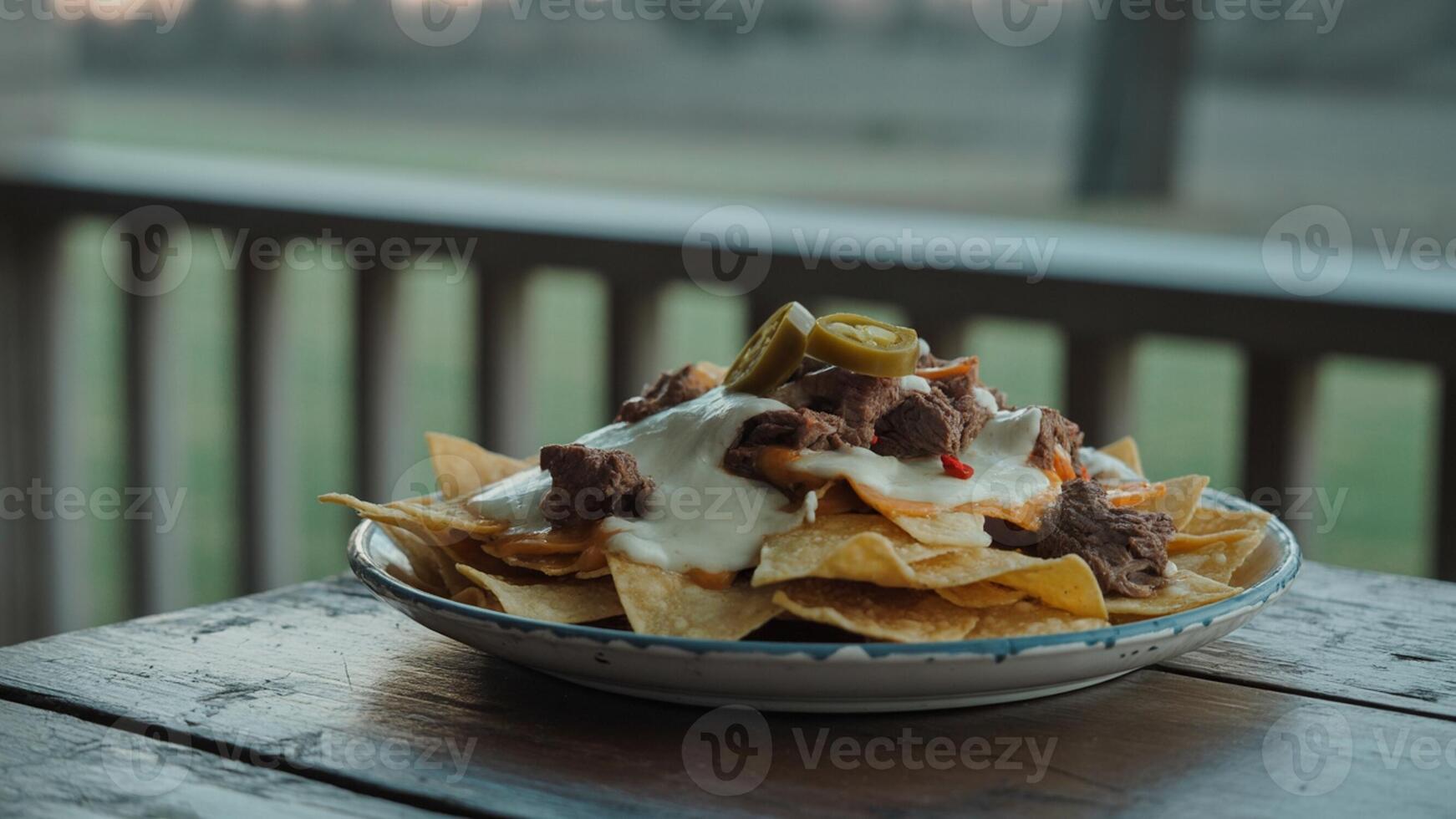 A plate of nachos with meat and cheese on it photo