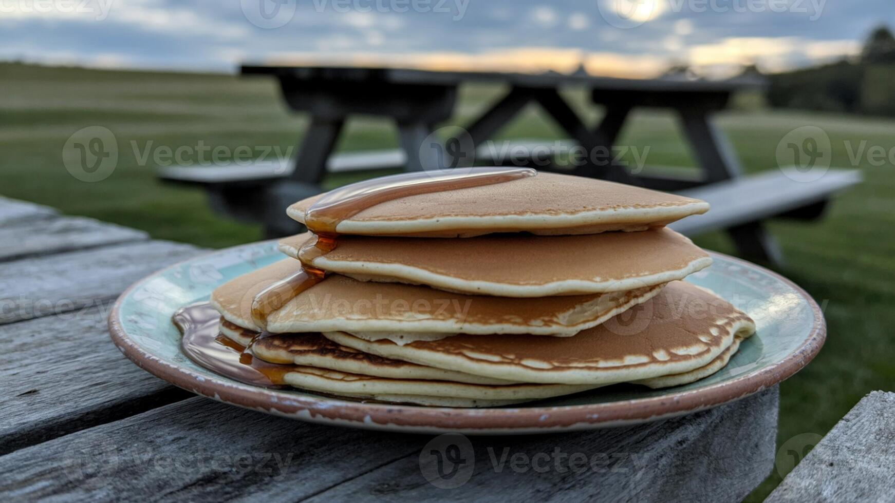 A stack of pancakes on a plate on a picnic table photo