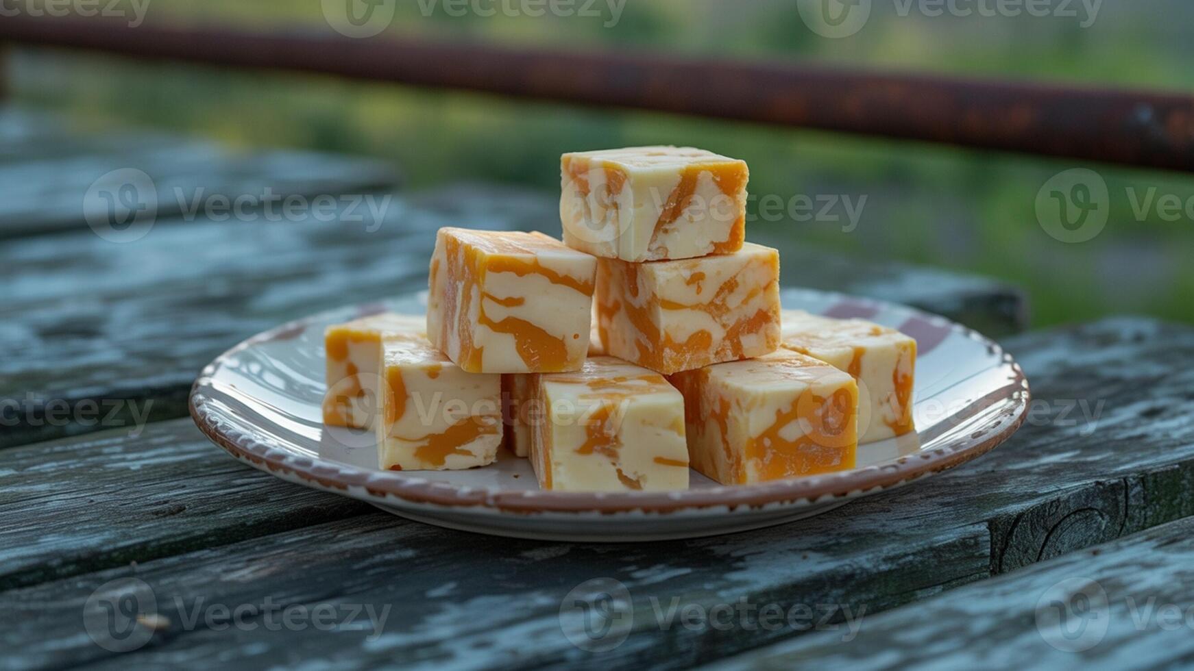 A plate of orange and yellow fudge on a wooden table photo