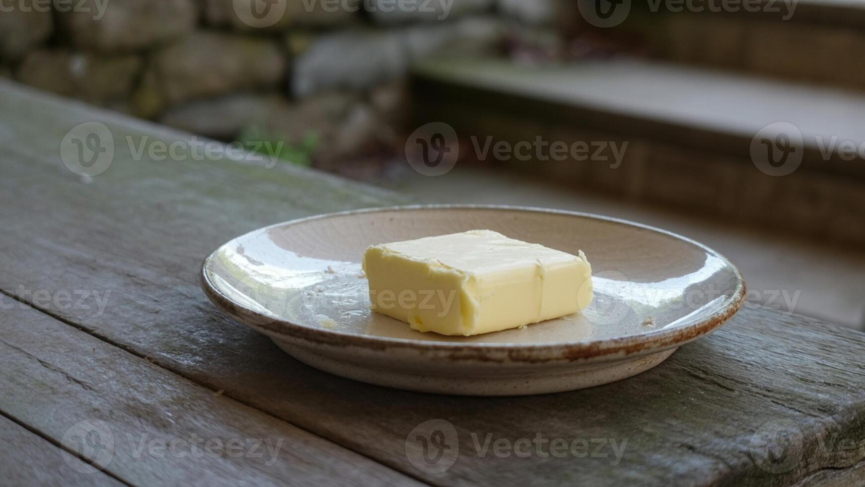A piece of butter sits on a plate on a wooden table photo