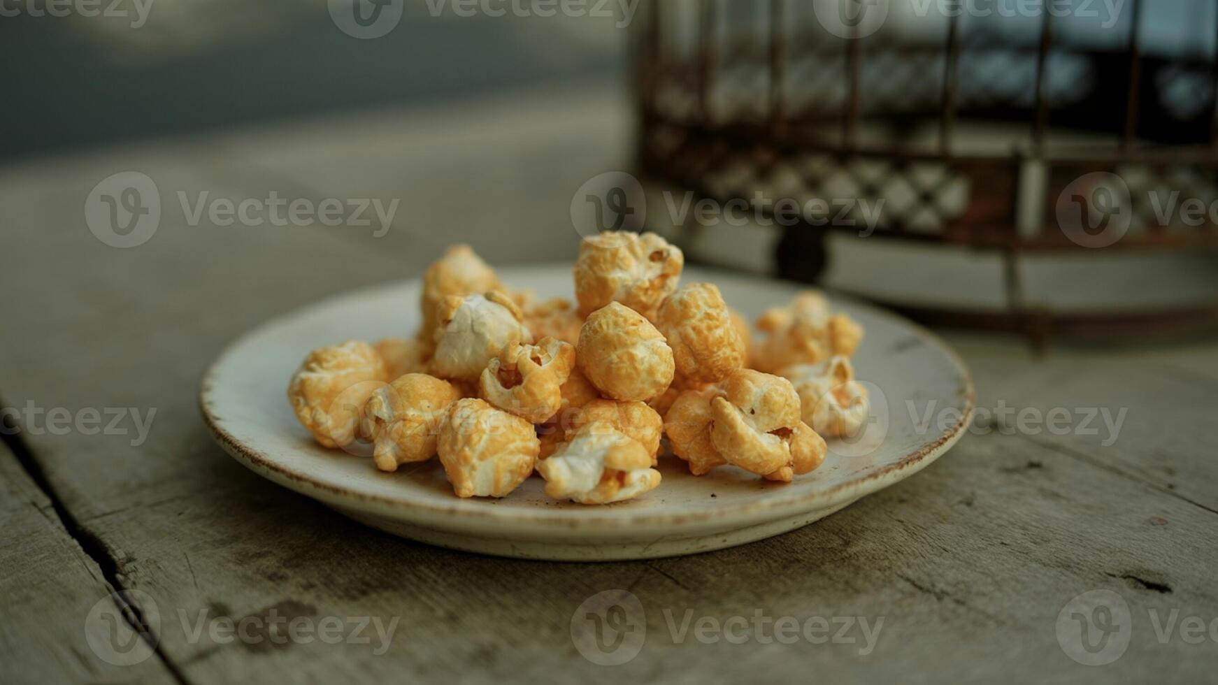 A white plate with some popcorn on it photo