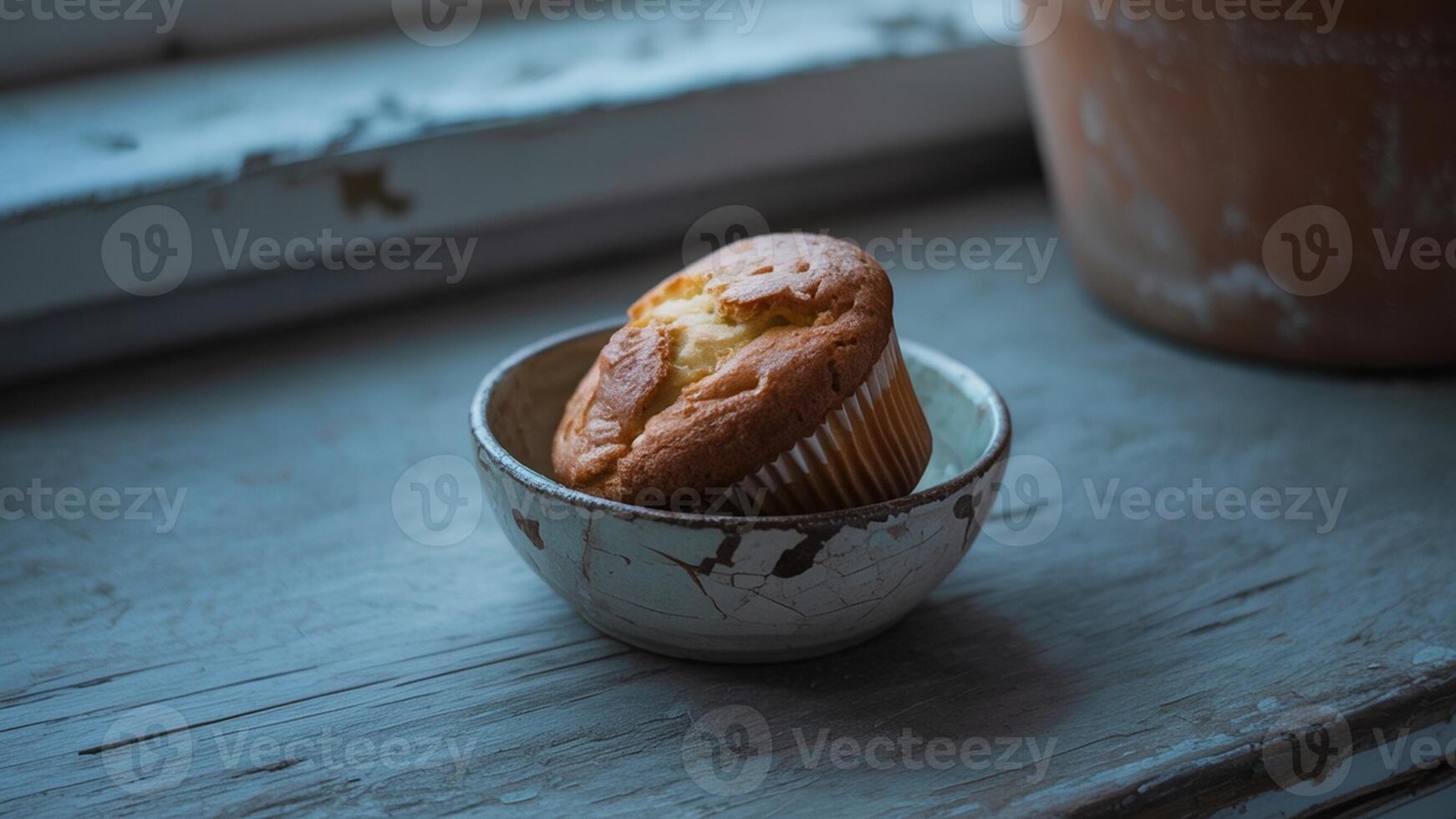 A muffin in a cup on a window sill photo