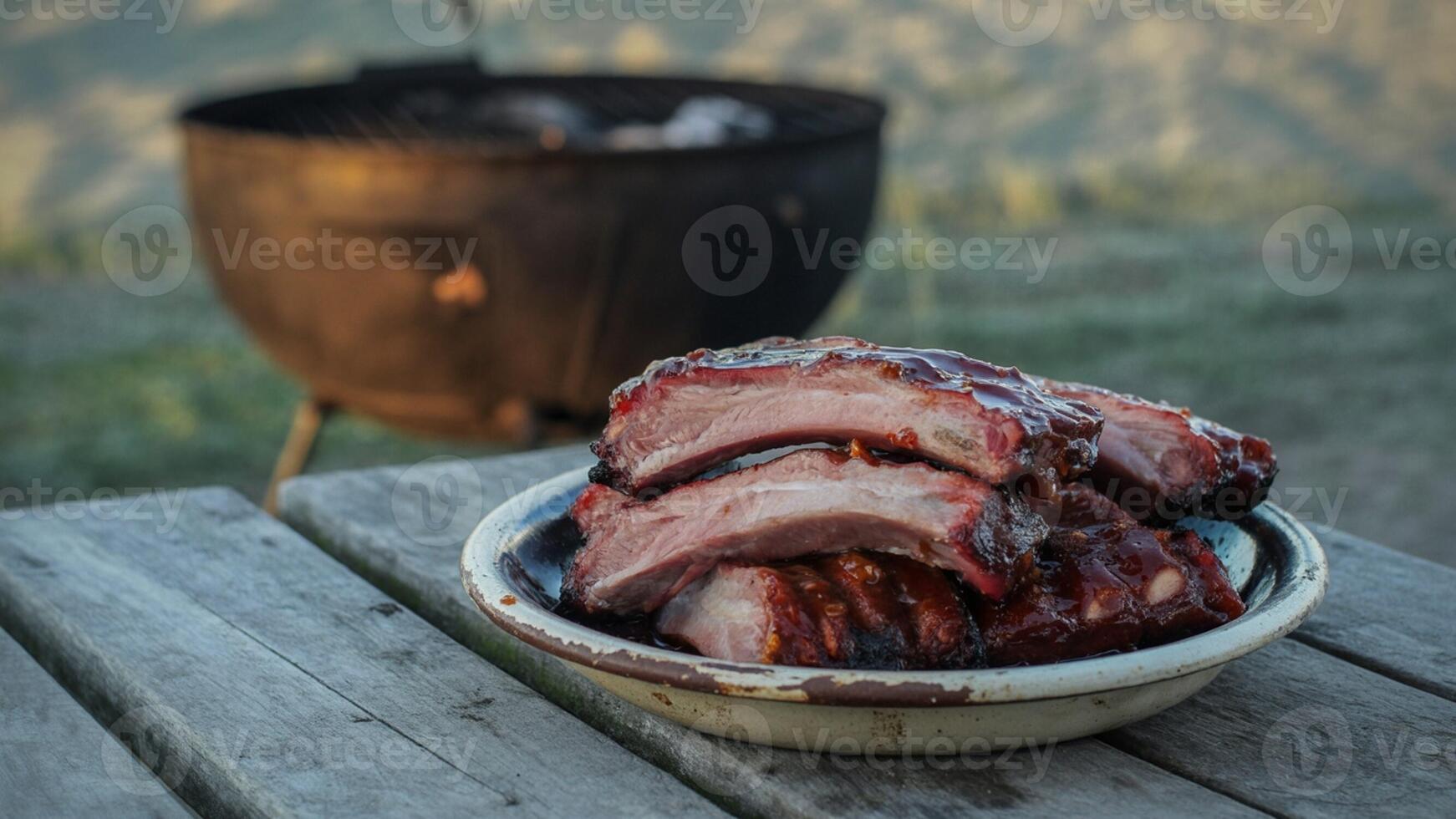 A plate of ribs sitting on a table next to a grill photo