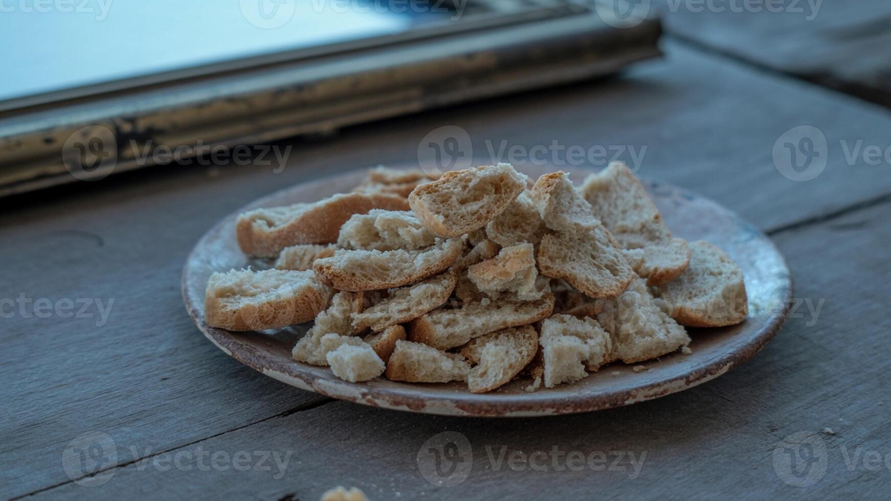 A plate of bread on a table next to a mirror photo