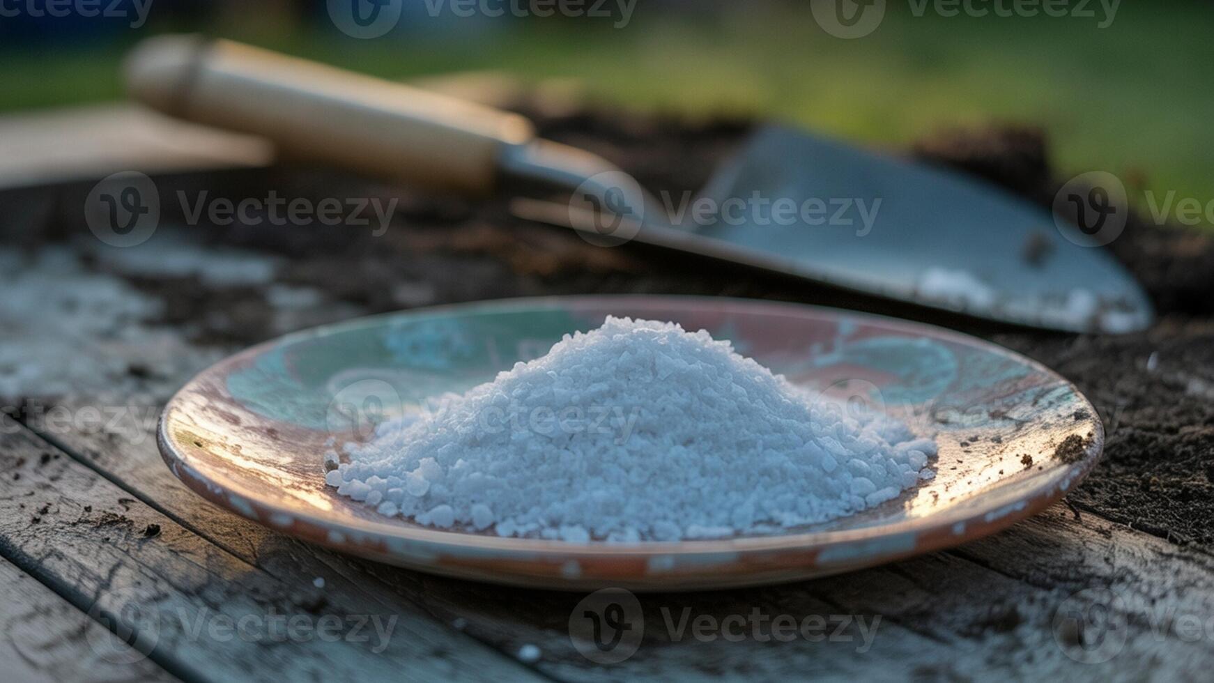 A bowl of salt sits on top of a wooden table photo