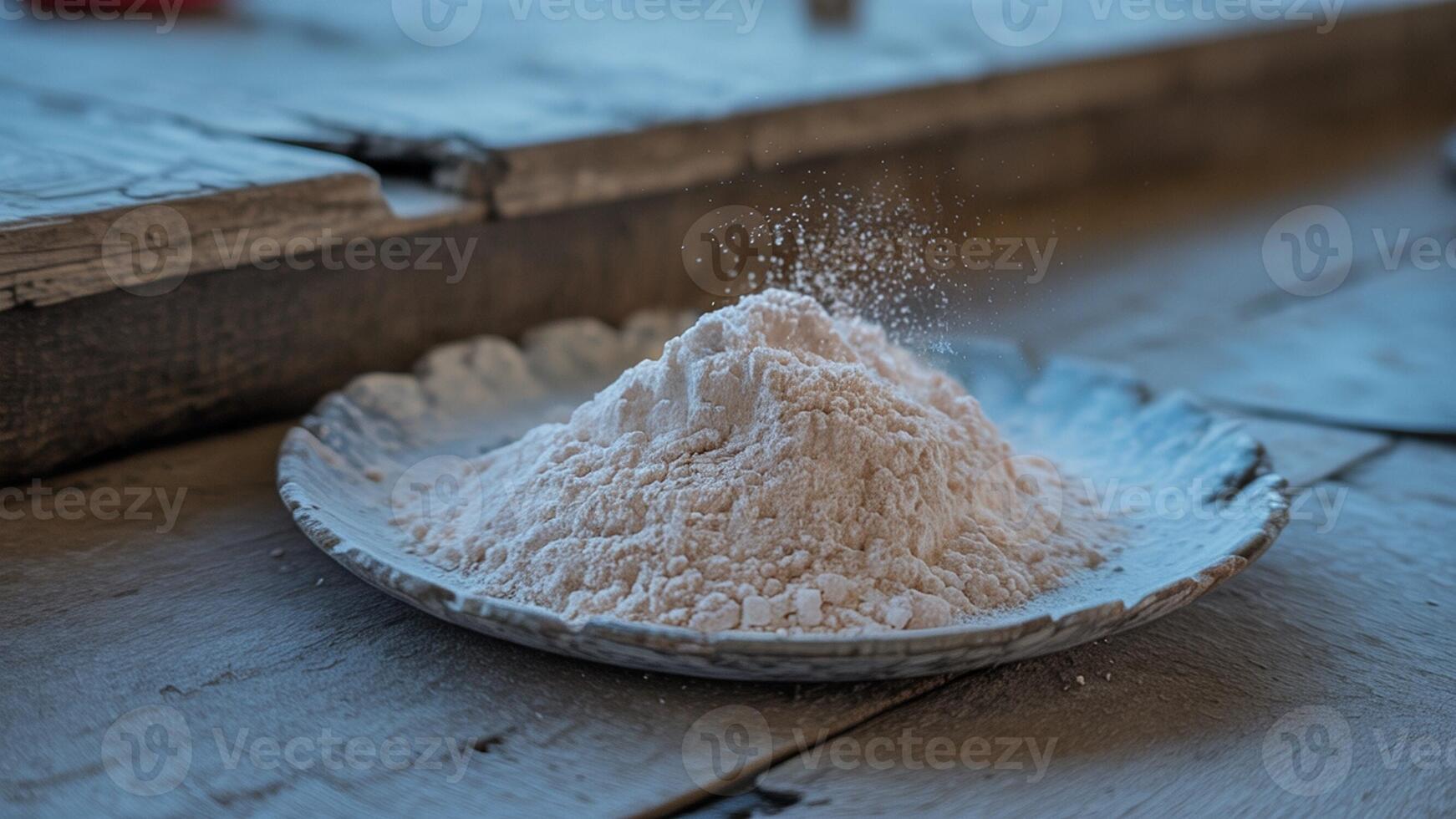 A bowl of white powder sitting on a wooden table. photo