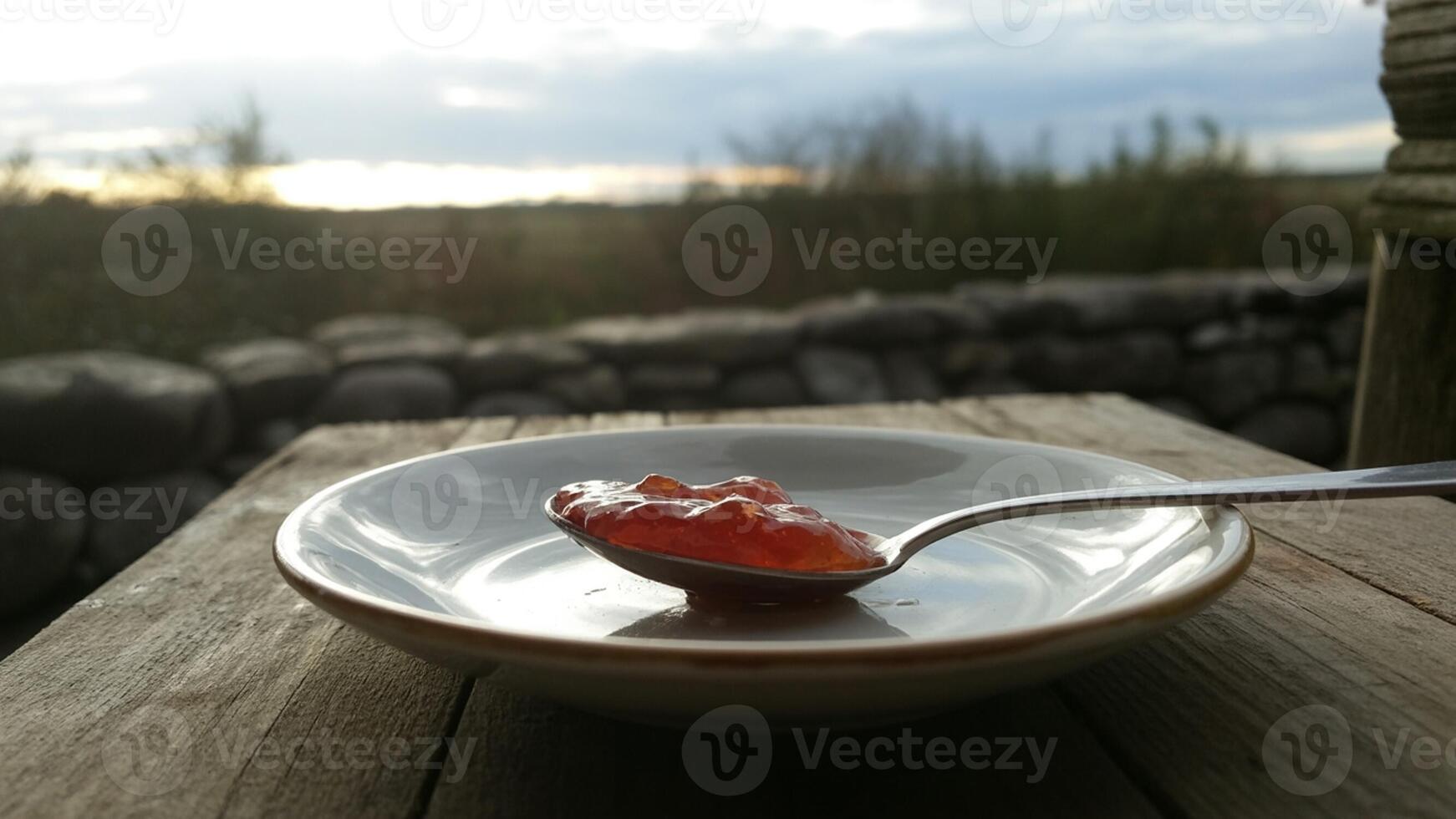 A spoon and a bowl of jam on a table photo