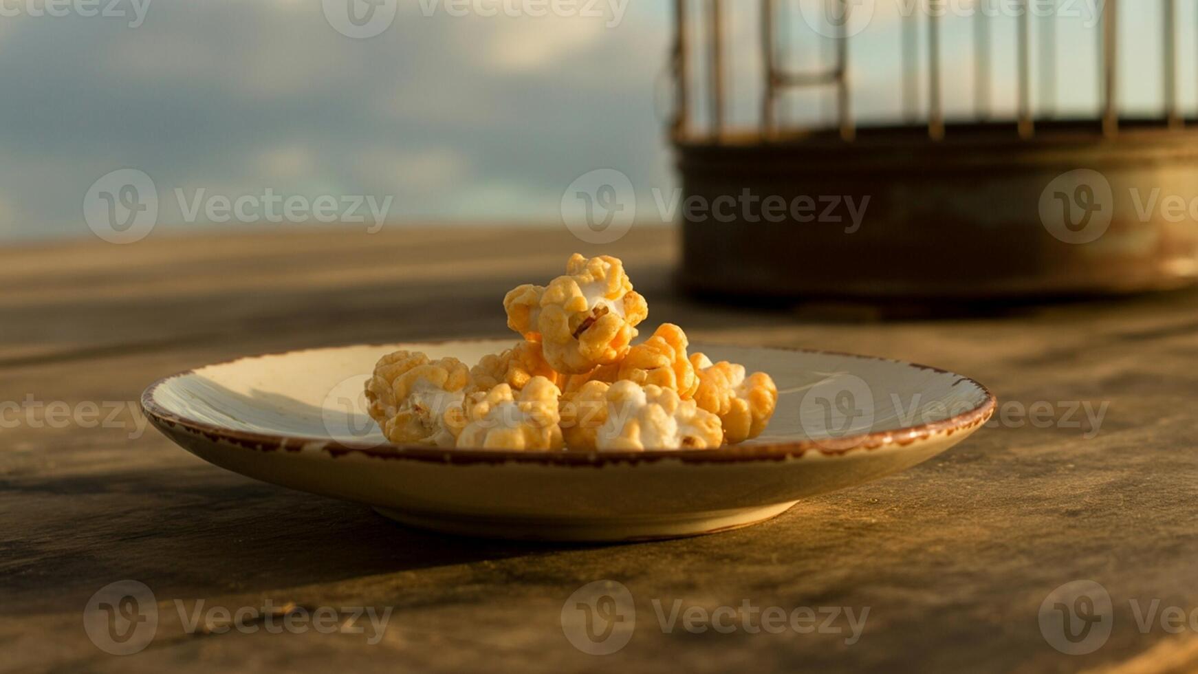 A bowl of popcorn sitting on a table next to a bird cage photo