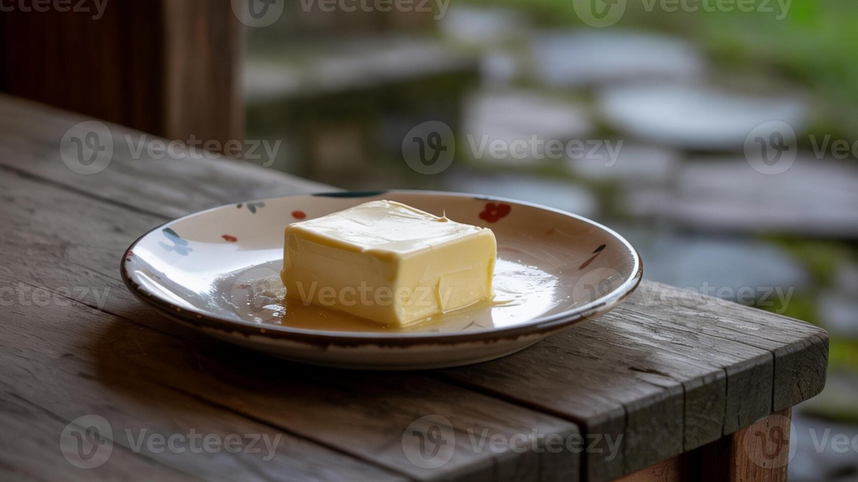 A piece of butter sits on a plate on a table photo
