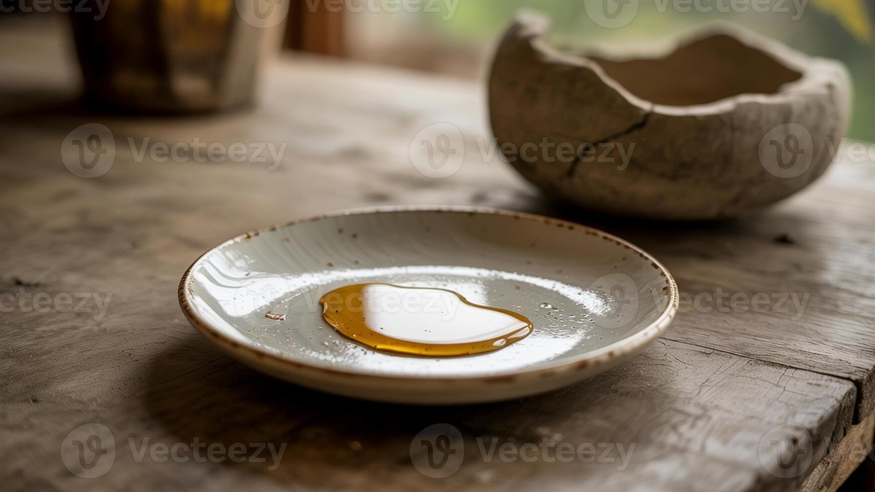 A bowl of honey sits on a table next to a vase photo