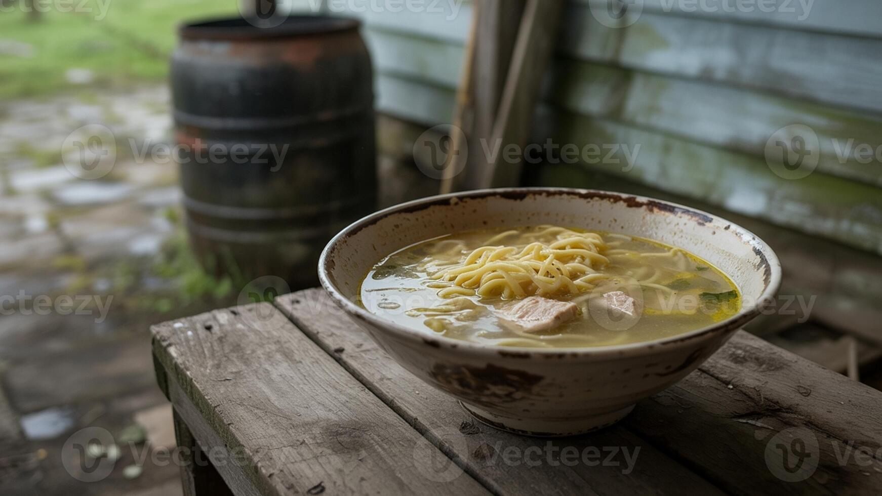 A bowl of noodles sitting on a wooden table photo