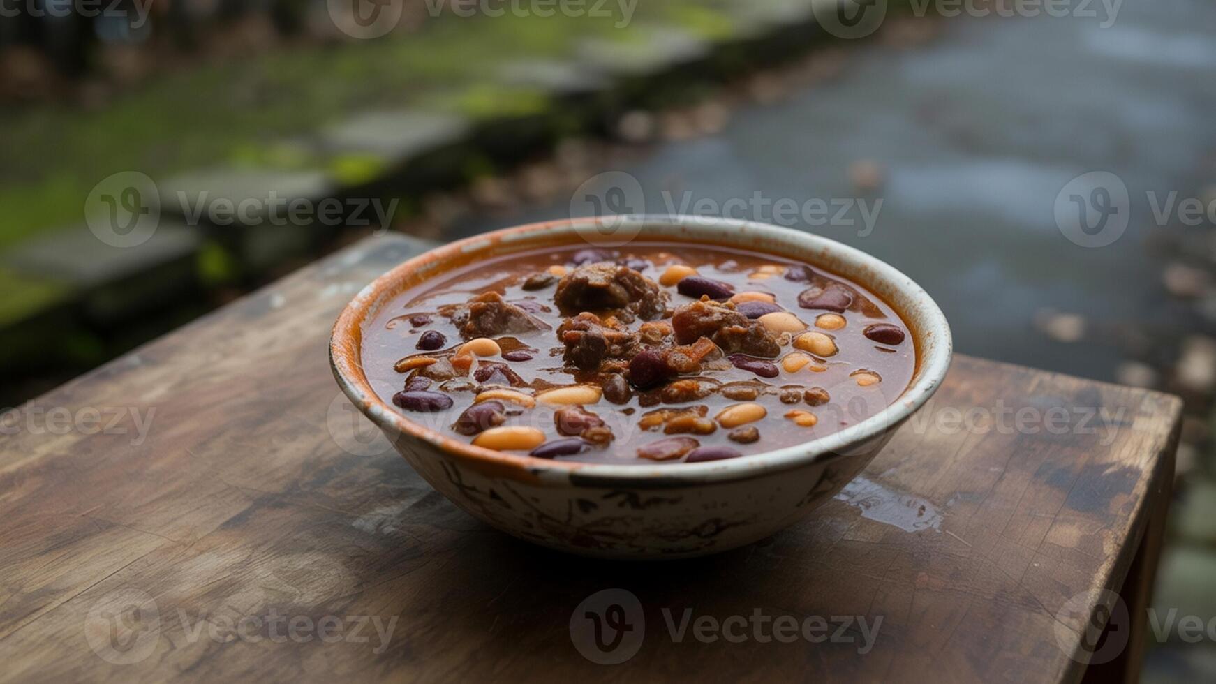 A bowl of chili and b eans sitting on a wooden table photo