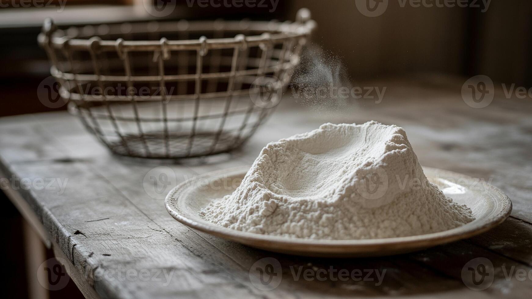 A bowl of flour sits o n a table next to a basket photo