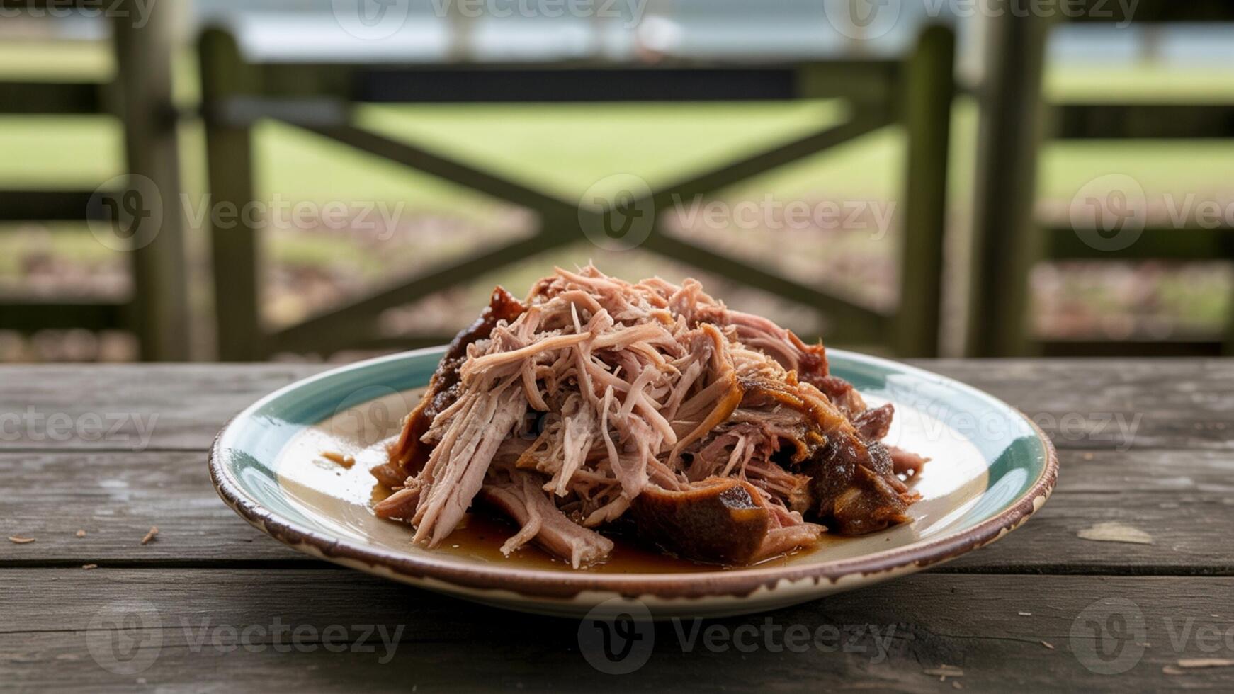 A plate of pulled pork on a wooden table photo