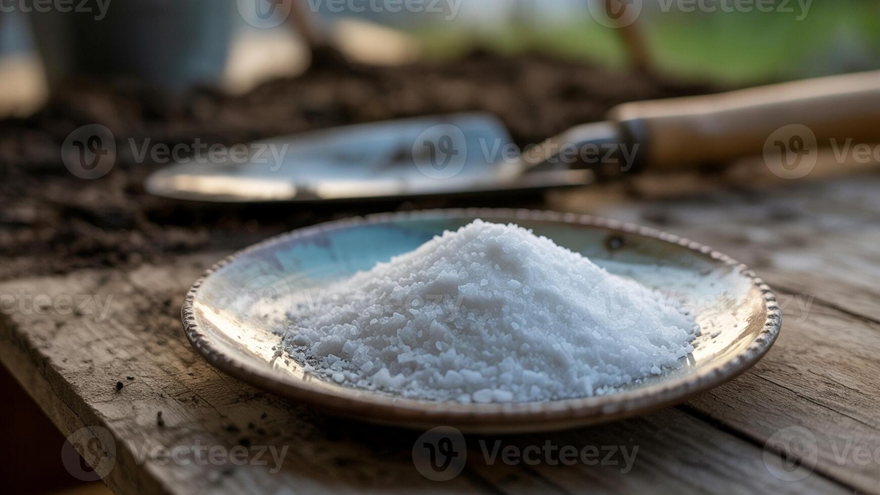 A bowl of salt sits on a wooden table next to a garden shovel photo
