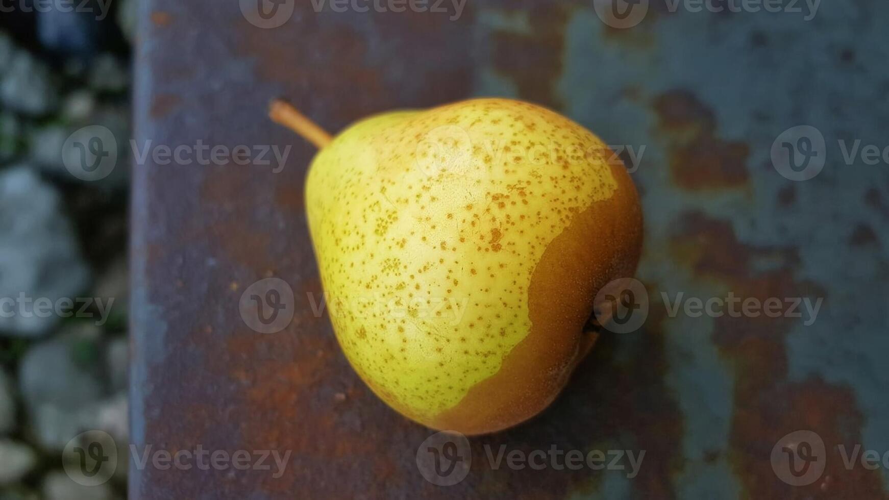 A pear sitting on a rusty surface photo