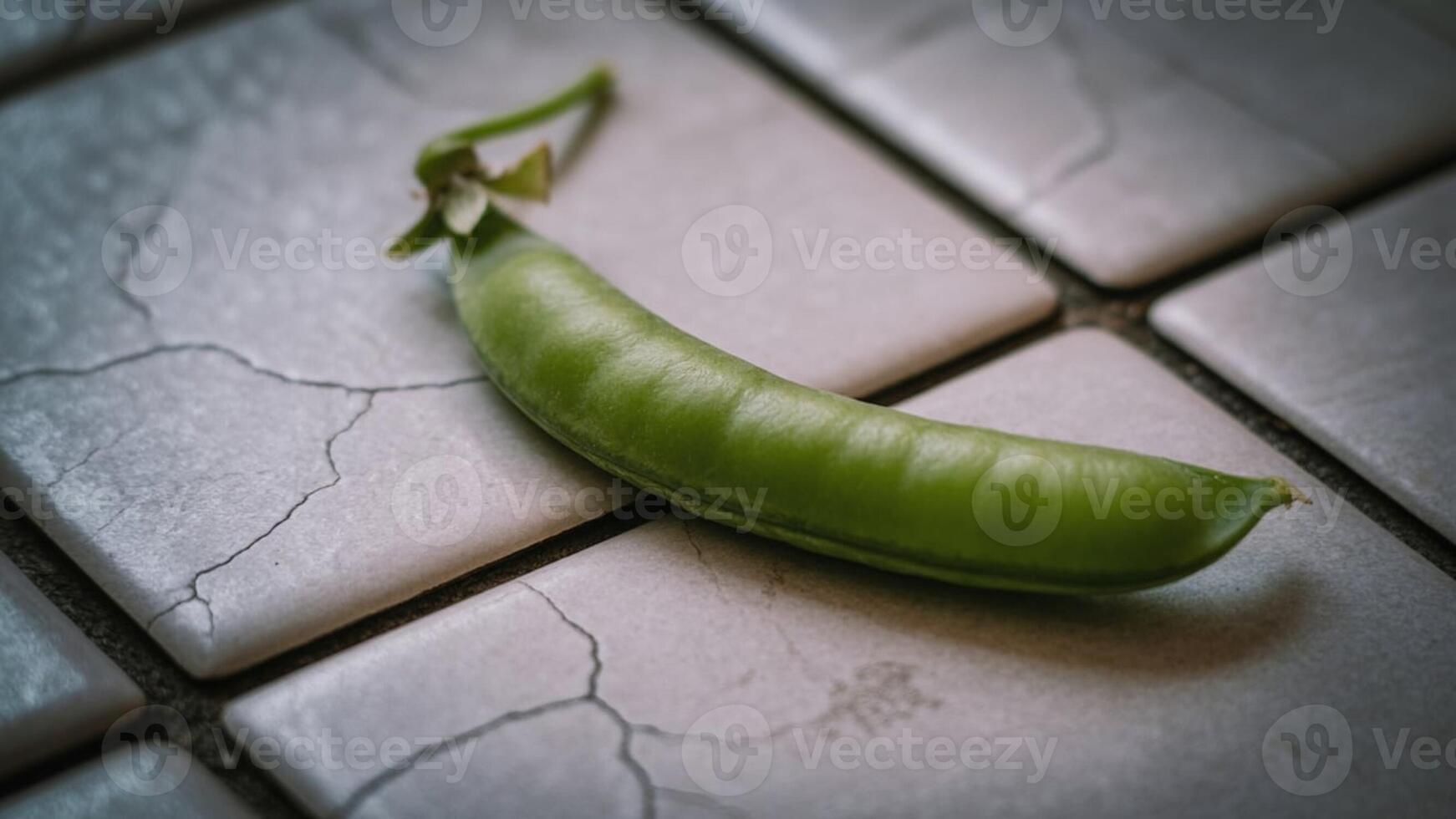 A single green pea pod resting on a surface of square tiles with visible cracks and grout lines photo