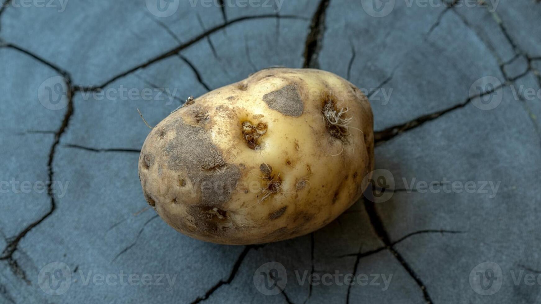 A single potato with sprouts on a cracked surface creating a rustic and natural still life image photo