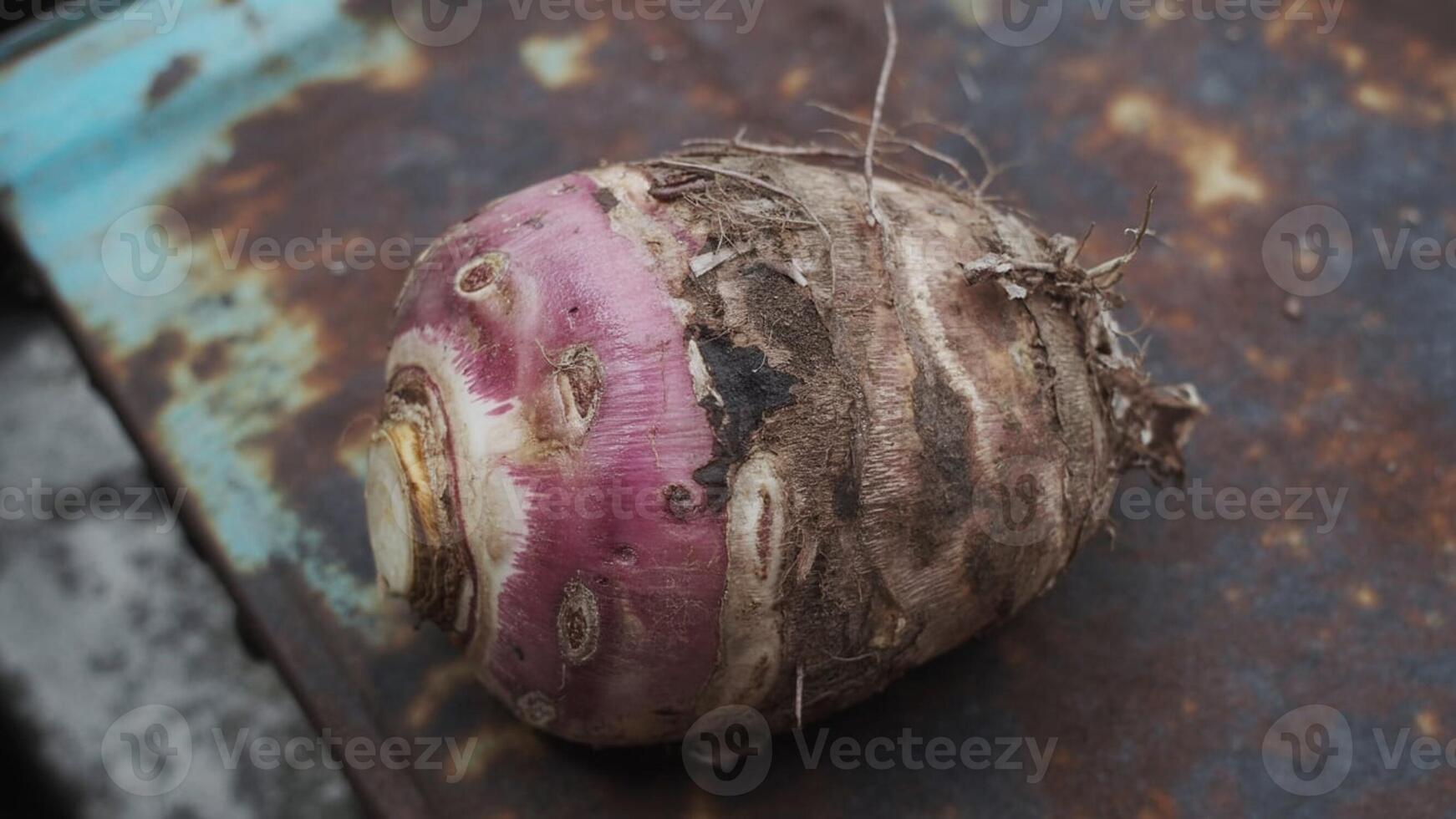 Close up of a turnip with dirt on a rusted surface showing its purple and brown colors in detail photo