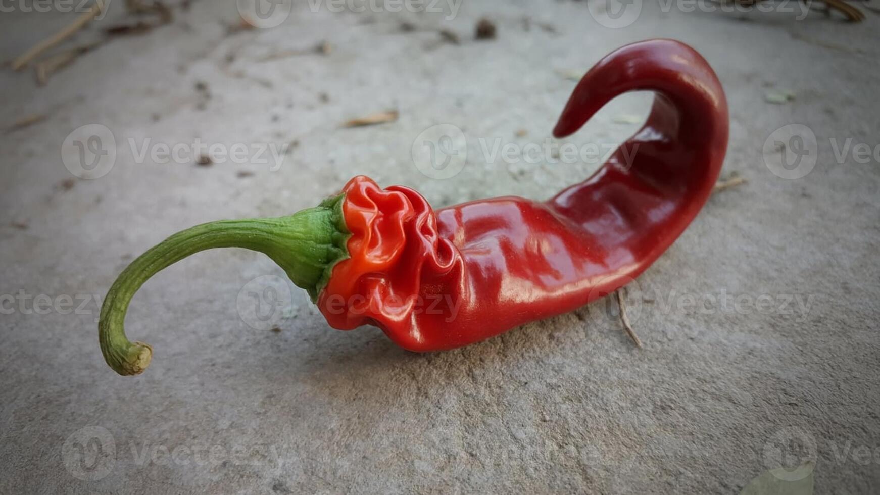 A single red chili pepper with a green stem lying on a gray surface in a close up shot view photo