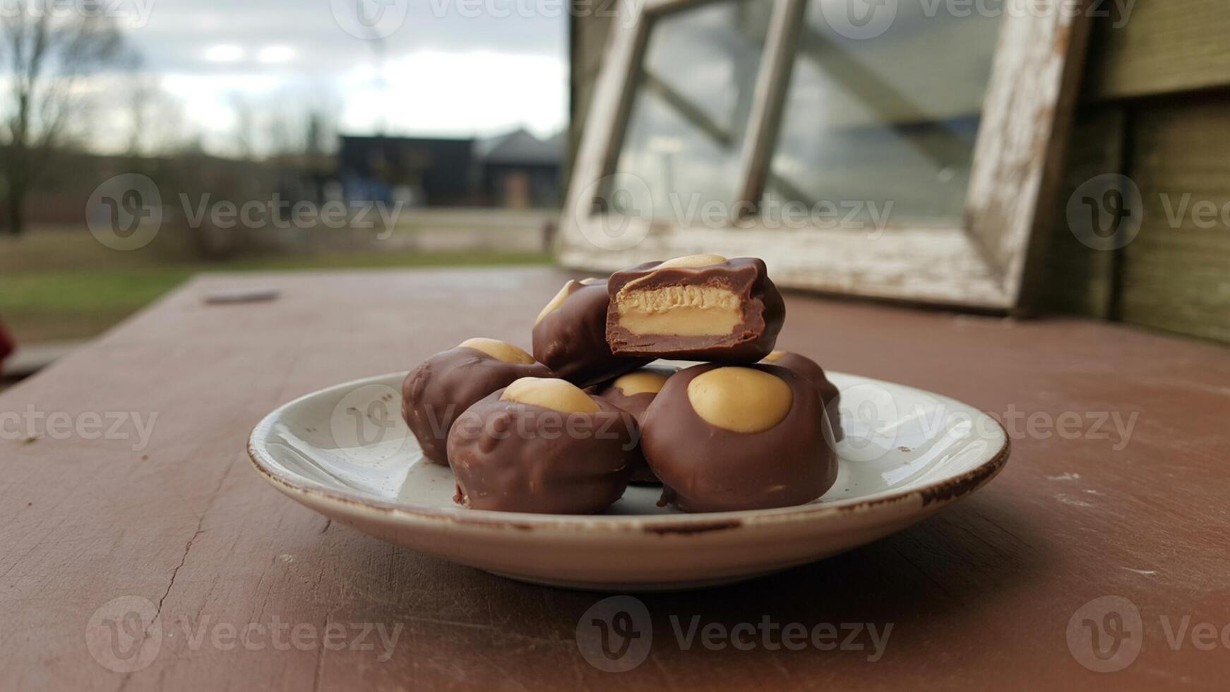 A plate of buckeye candies with a bite taken out of one showing the peanut butter filling inside it photo