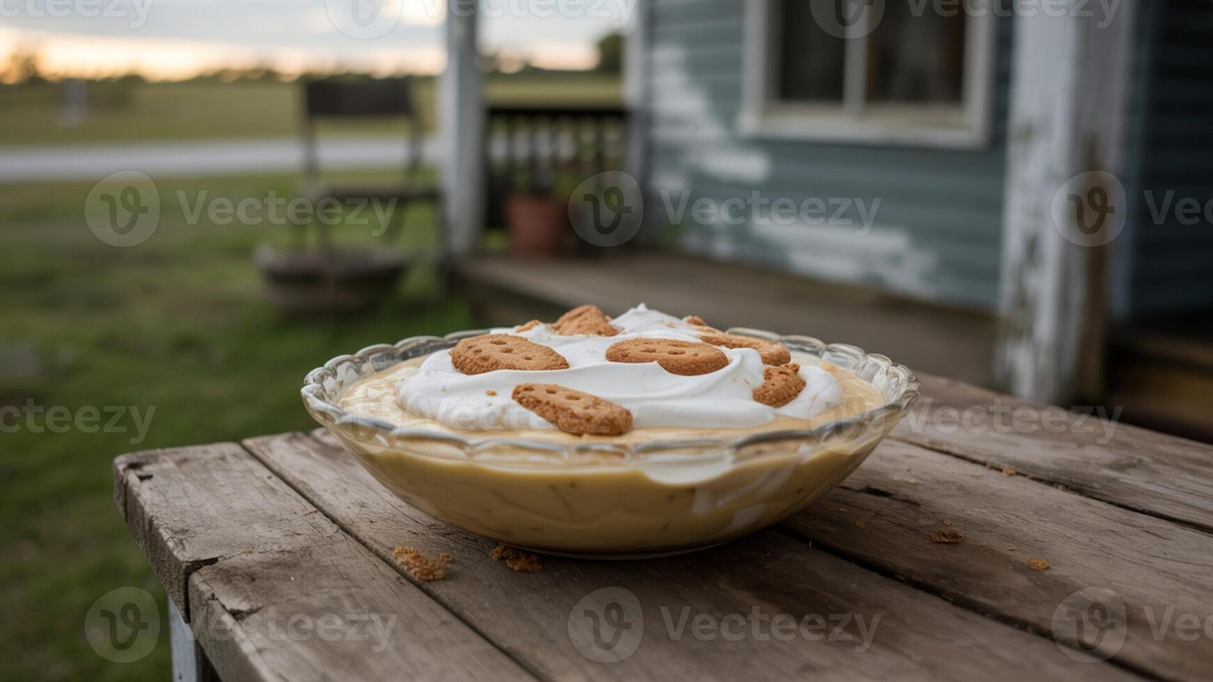 A bowl of banana pudding with whipped cream and cookies on a wooden table outside near a house photo