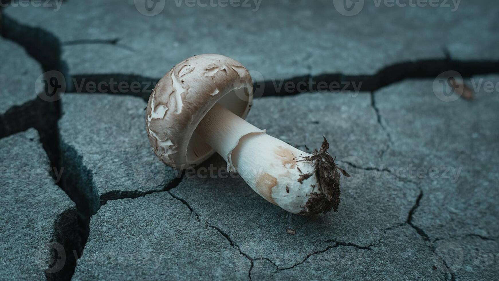 A mushroom lying on cracked concrete surface with a short stem and a brown and white cap lying down photo