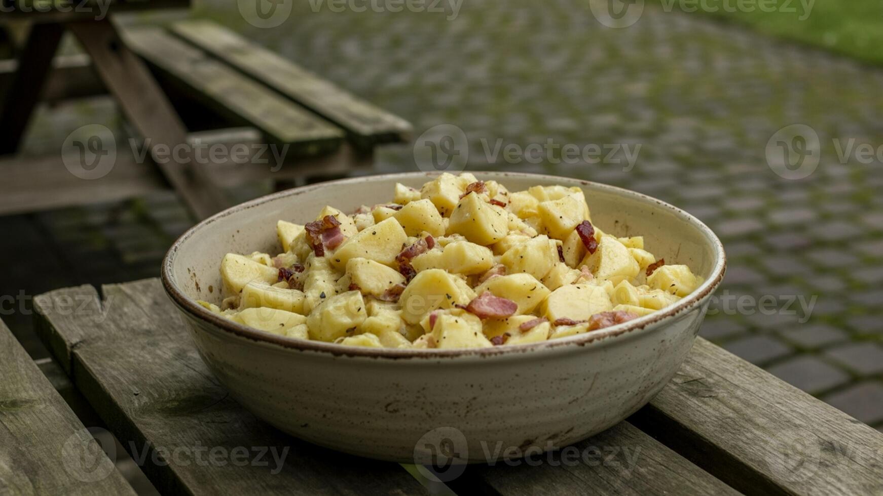 A bowl of potato salad sitting on a wooden table photo