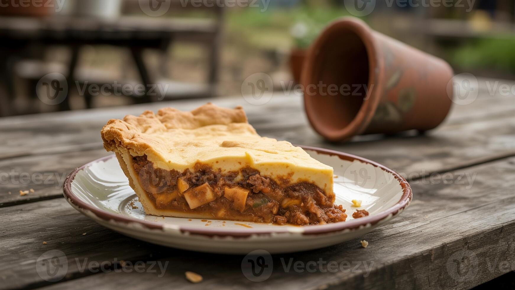 A slice of pie on a plate sitting on a wooden table with a flower pot in the background outdoors photo