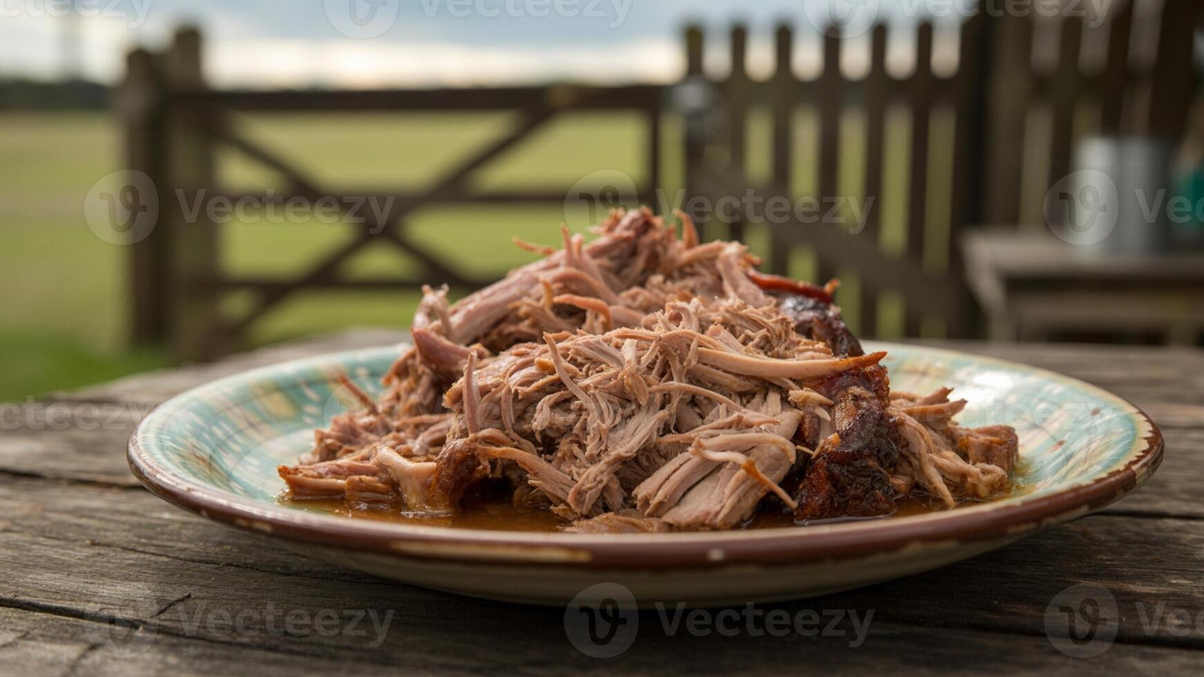 A plate of meat on a wooden table photo