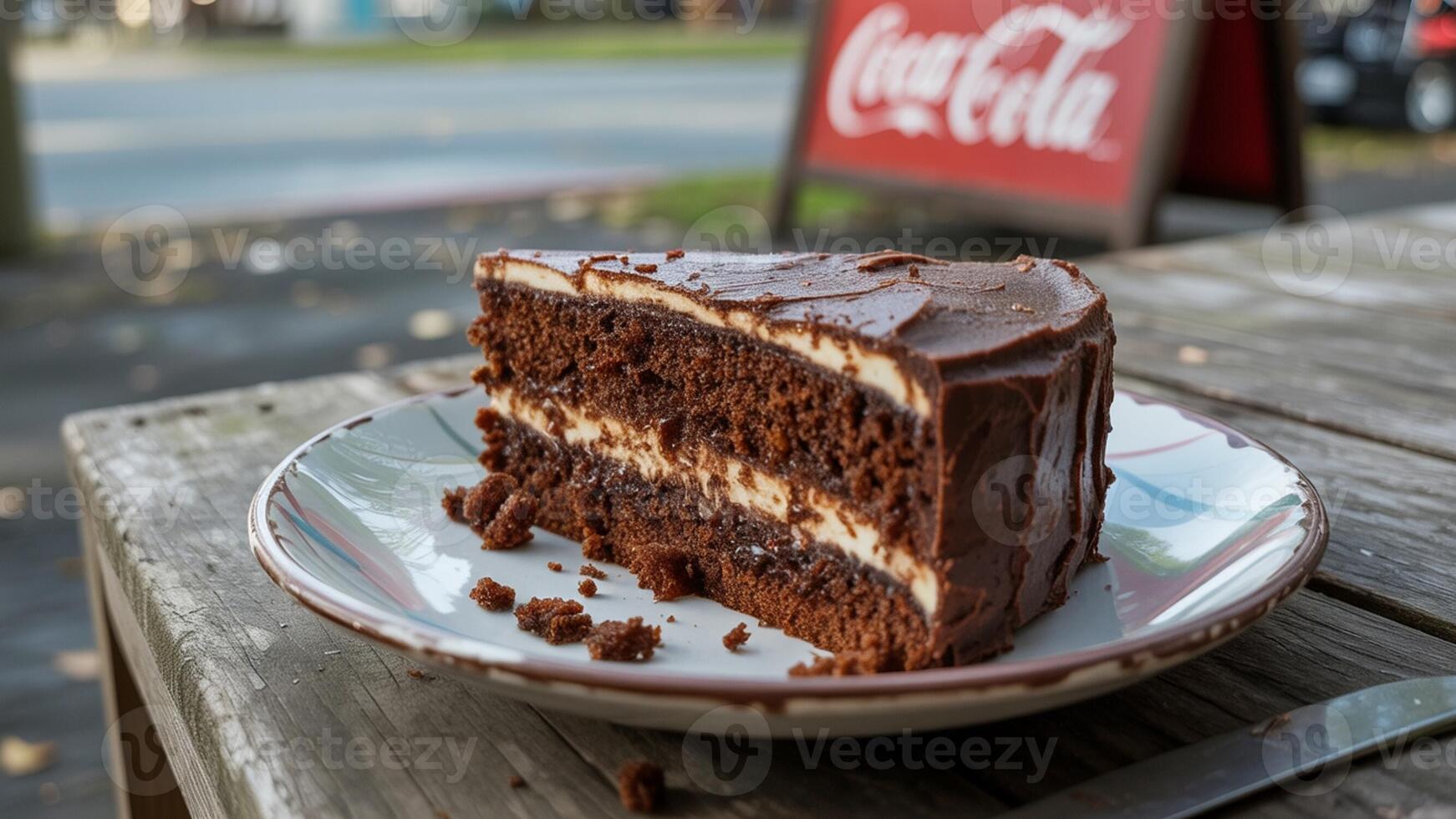 Chocolate cake slice on a plate with coca cola sign in the background on a wooden table outside photo
