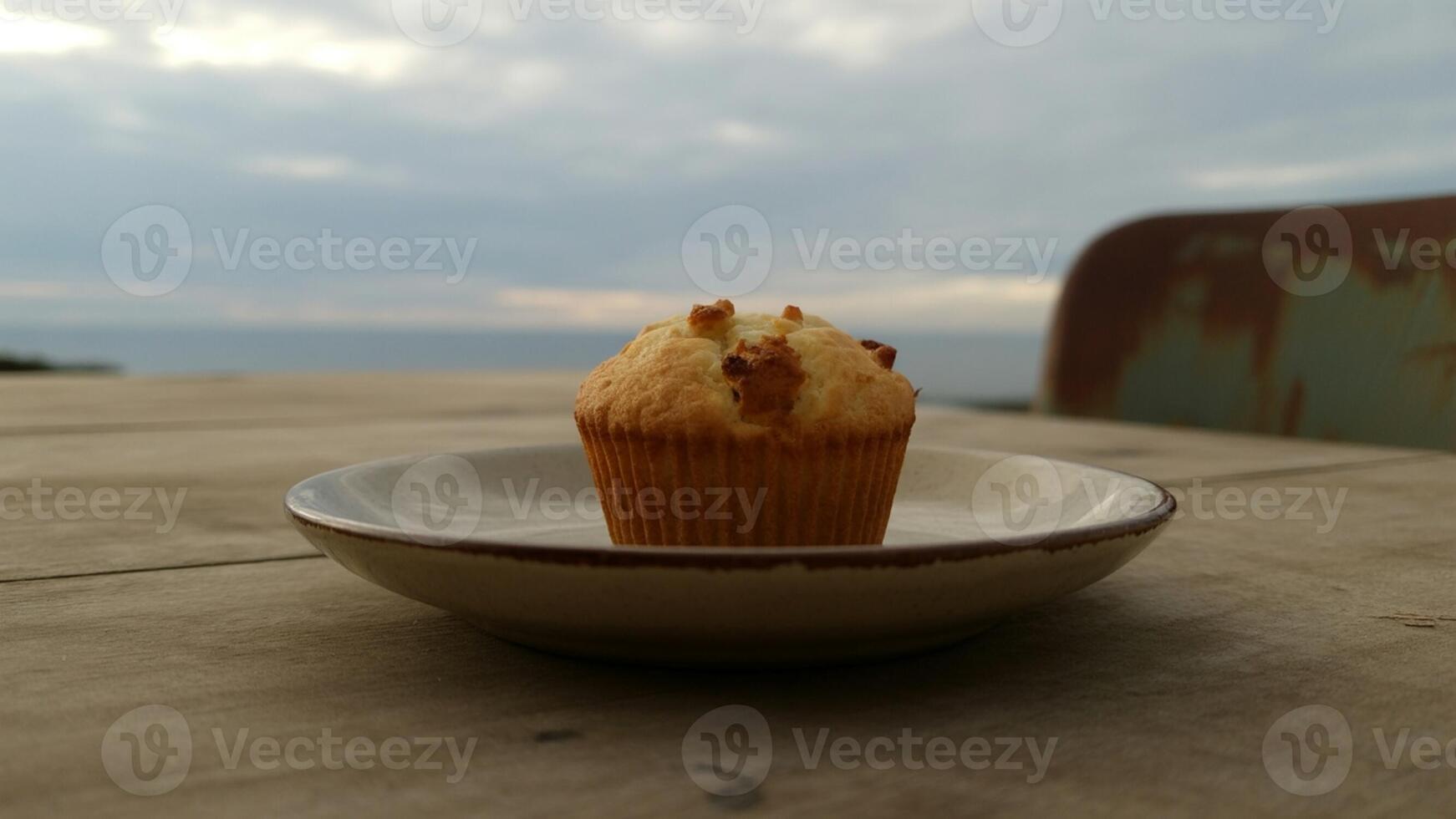 A cupcake sitting on a plate on a table photo