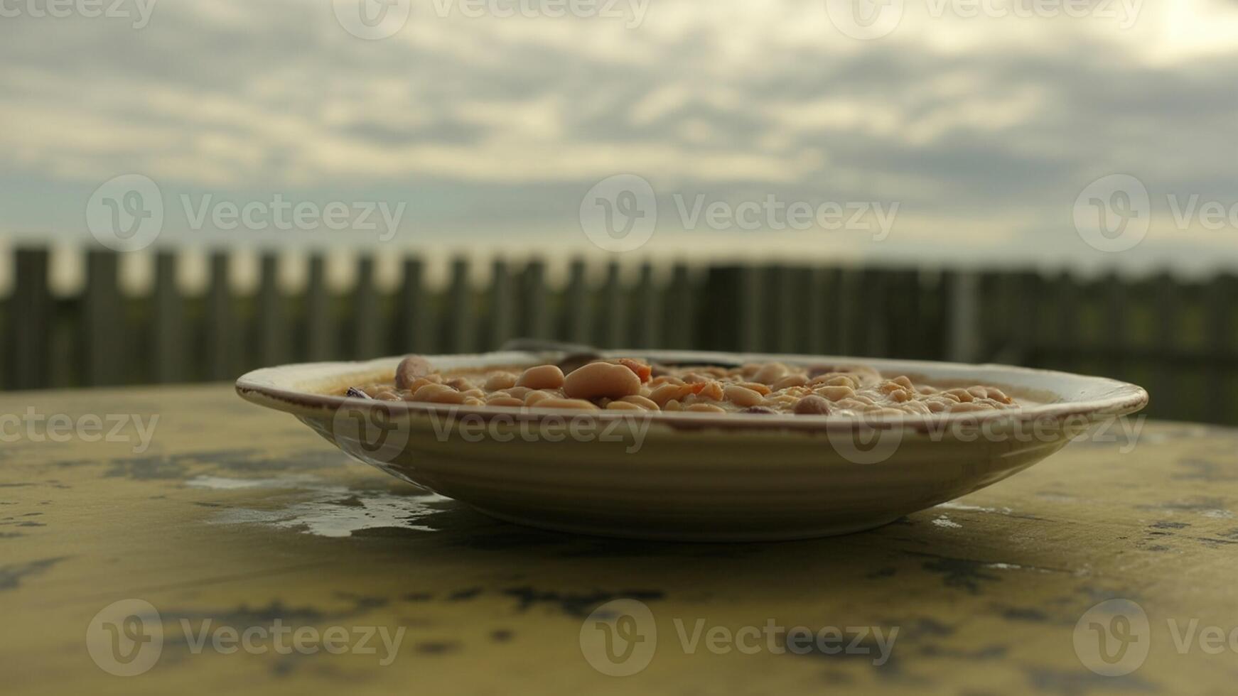 A close up of a bowl of beans on a table with a fence and cloudy sky in the background outdoors photo