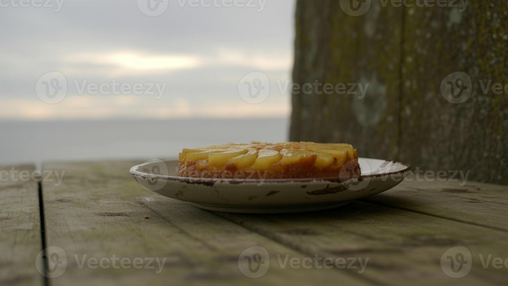 Pineapple upside down cake on a plate outdoors with a blurred ocean background on a cloudy day photo