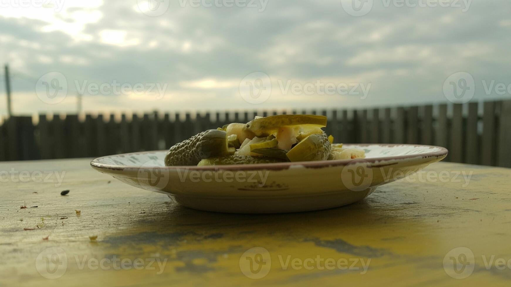 A plate of pickles and chopped vegetables on a yellow table with a cloudy sky in the background photo
