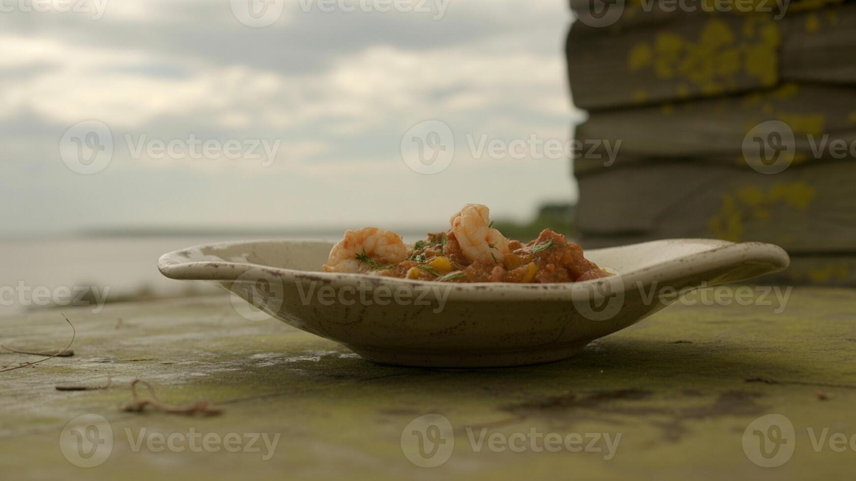 A bowl of shrimp and corn on a ledge overlooking a body of water under a cloudy sky in the daytime photo