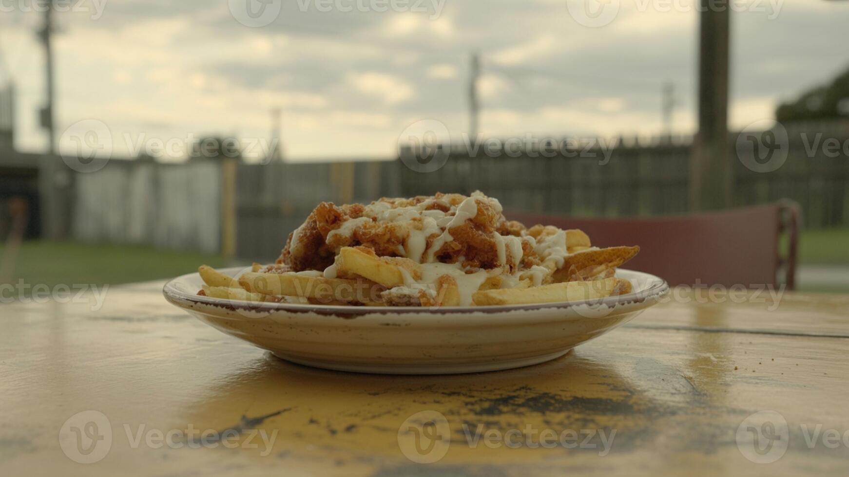 A plate of loaded french fries topped with cheese and chicken on a wooden table outdoors at daytime photo