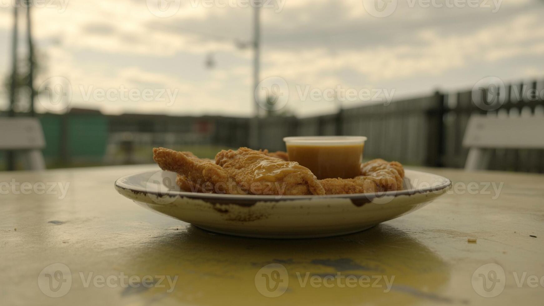 Plate of chicken tenders with dipping sauce on a yellow table outdoors on an overcast day view photo