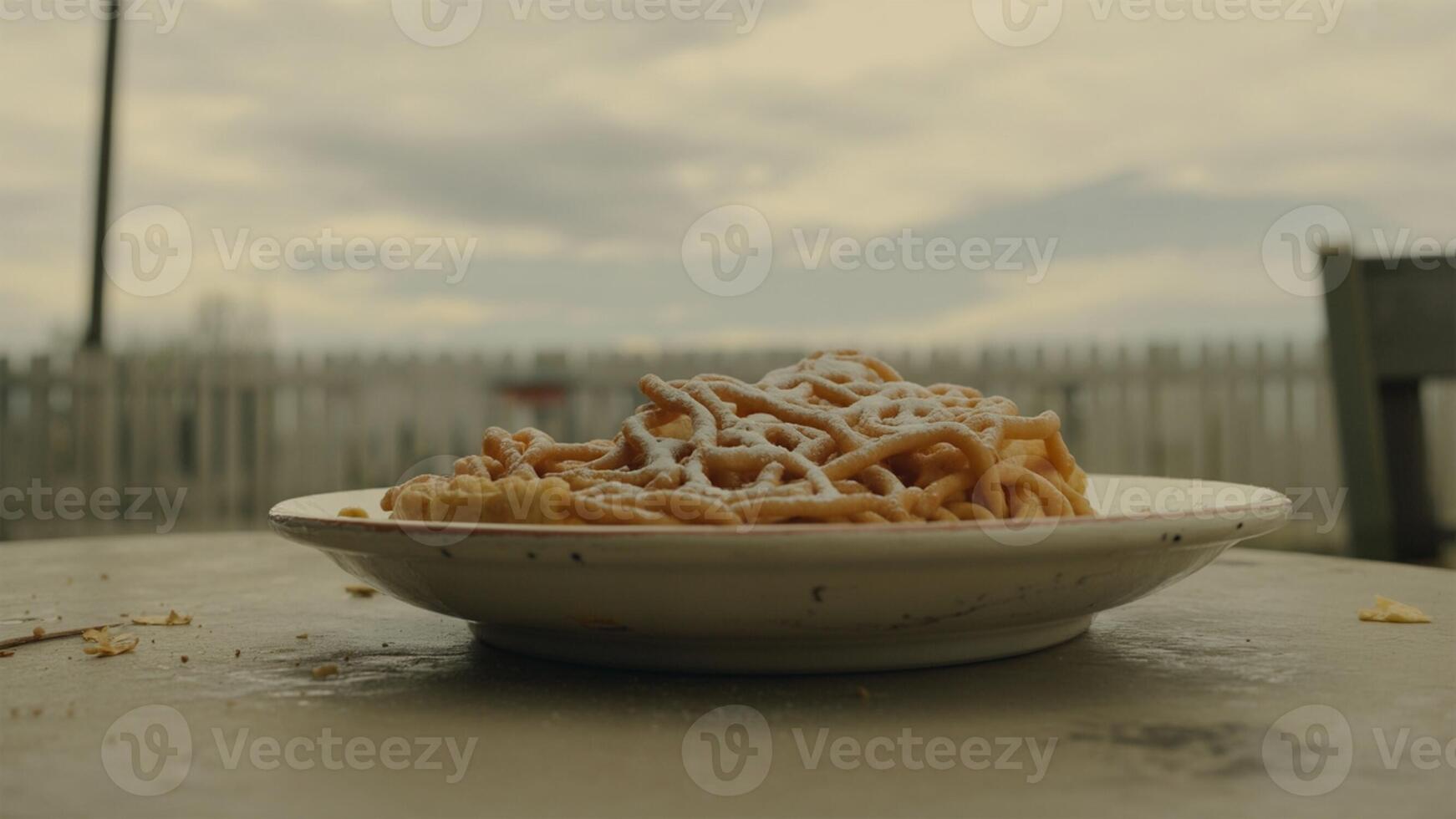 A plate of funnel cake topped with powdered sugar on a table outside with a cloudy sky background photo