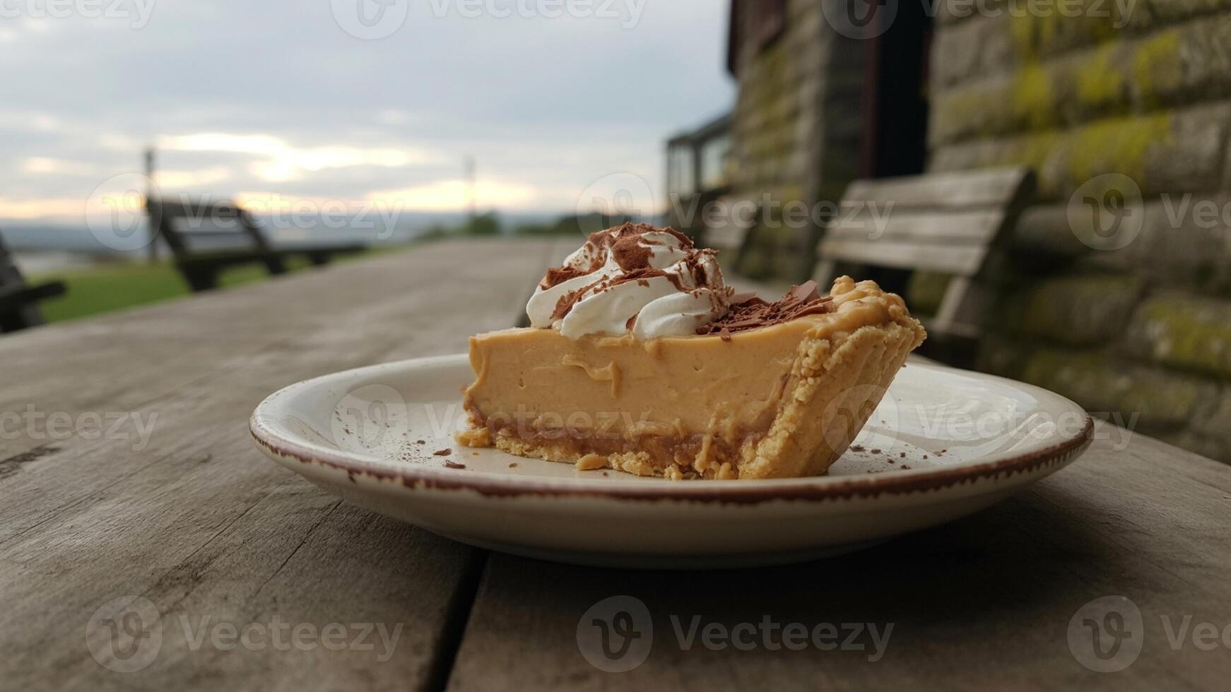 A slice of pie with whipped cream and chocolate shavings on a plate outdoors with a scenic view photo