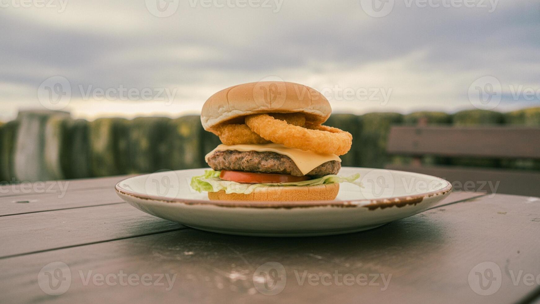 A burger with onion rings on a plate photo