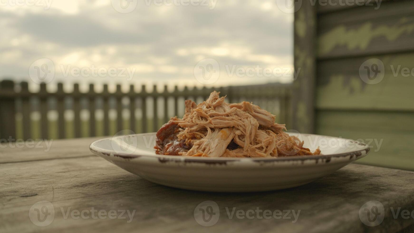 Pulled pork on a white plate sitting on a wooden table with a fence and cloudy sky in the background photo
