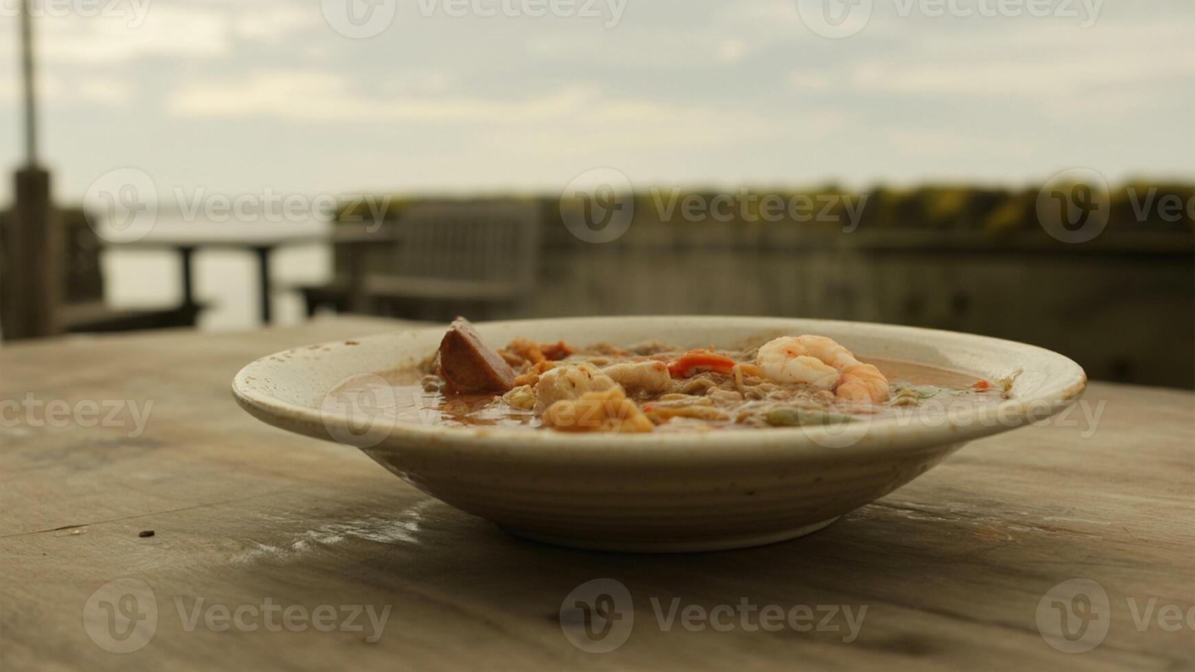 A bowl of steaming soup with shrimp and other ingredients on a wooden table near the ocean view photo