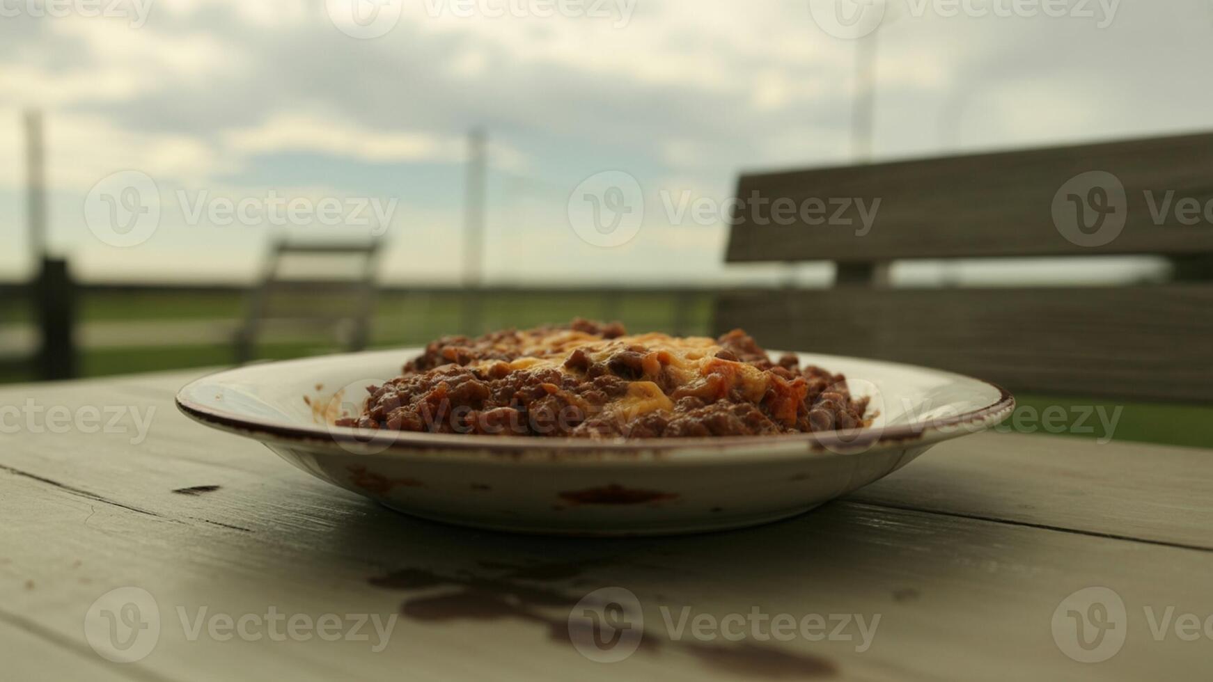 A plate of food on a wooden table with a blurred background of sky and greenery outside view scene photo