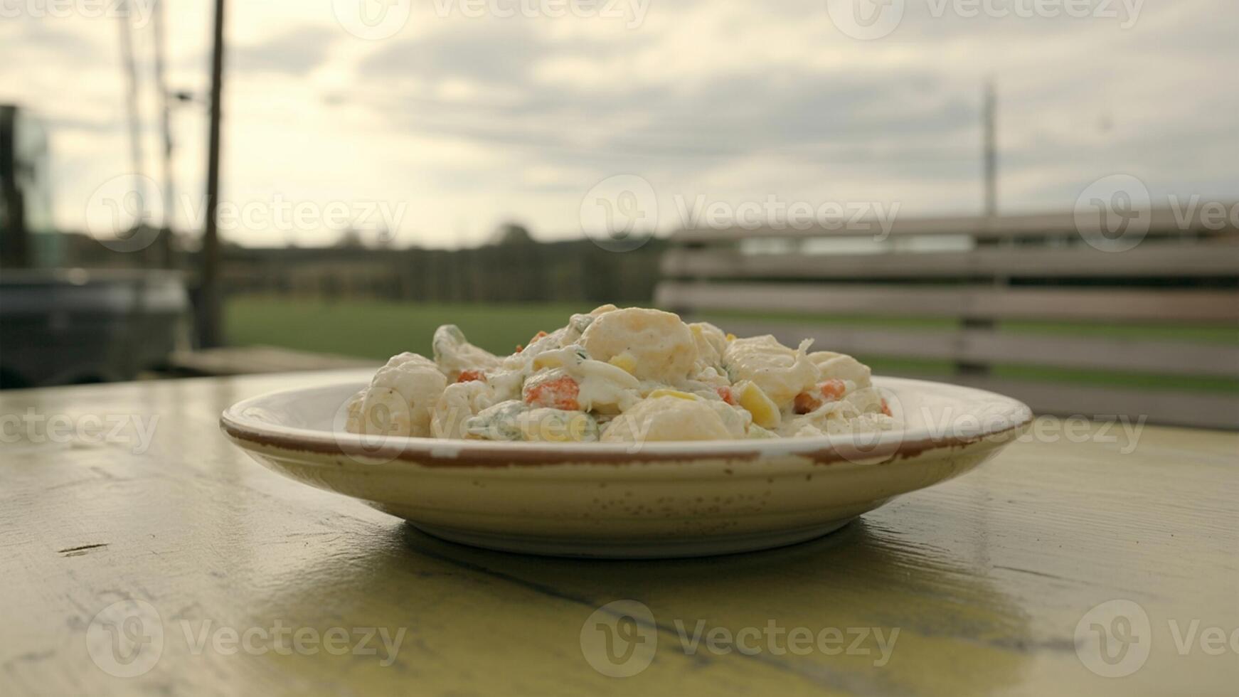 Close up of a bowl of potato salad on a table with a blurry background on an overcast day outside photo