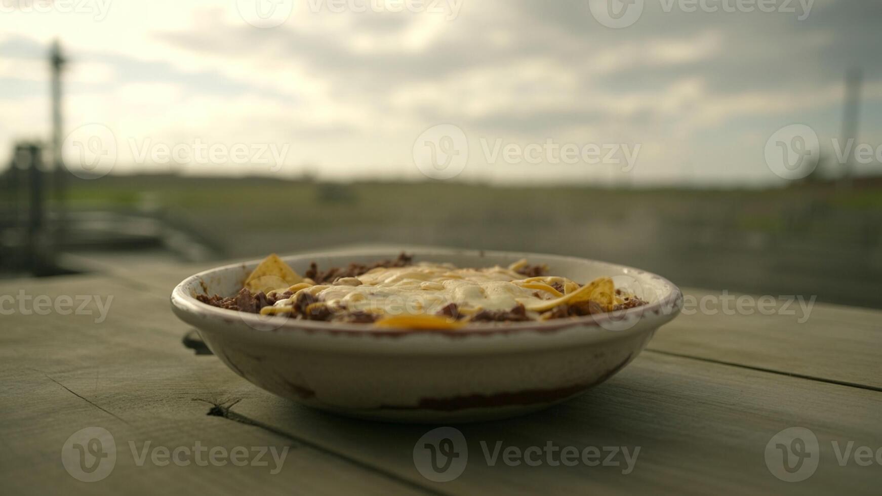 Close up shot of nachos with melted cheese in a bowl on a wooden table against a blurred background photo